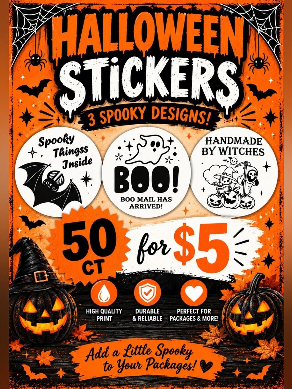 Halloween Stickers 50ct, 2in Diameter- White or Orange
